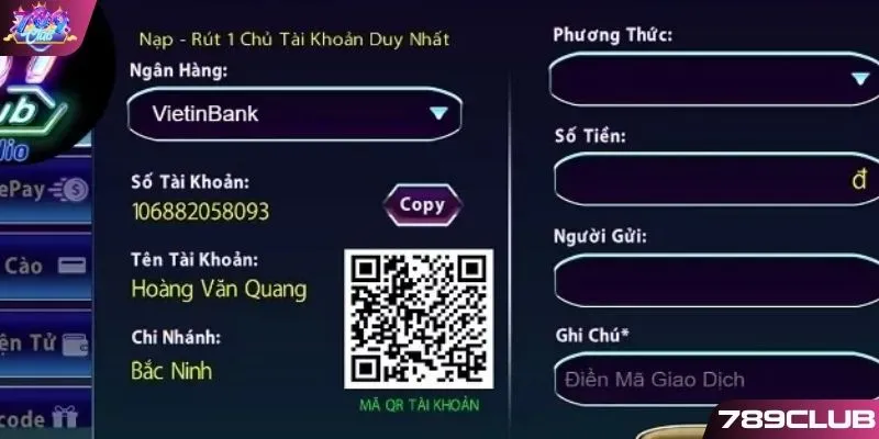 Hướng dẫn nạp tiền 789CLUB từng bước chính xác